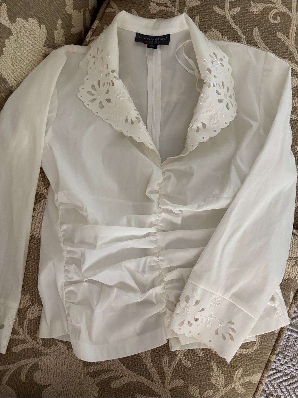 NY Collection White Eyelet-Trim Ruffle Front Blouse
